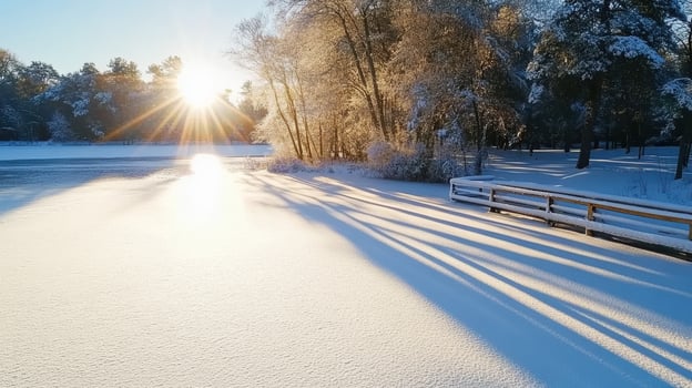 serene winter landscape with sunlight illuminating snowy scene photo