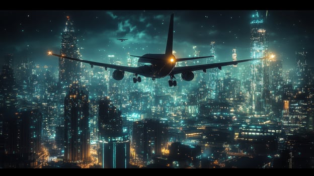 A dramatic night scene of an airplane flying over a vibrant, illuminated cityscape. photo