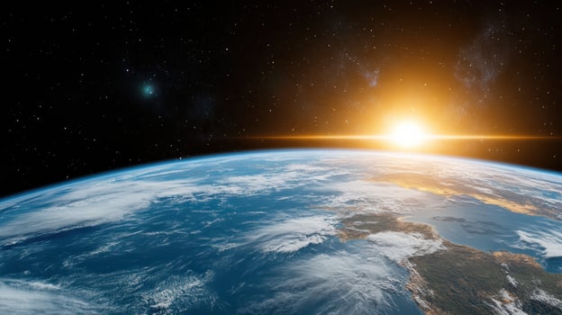stunning view of Earth from space with sunrise illuminating horizon photo