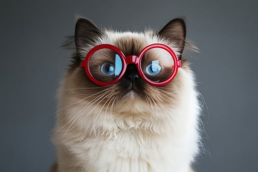 A cat wearing red glasses on a gray background photo