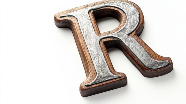 A wooden letter r is shown on a white background photo