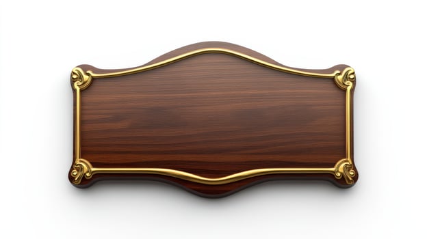 Wooden plaque with gold trim on white background photo
