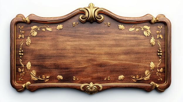 Wooden plaque with gold leaf decoration on white background photo