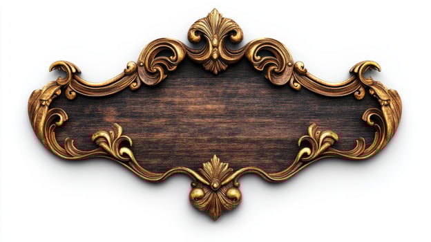 An ornate wooden sign with gold trim photo