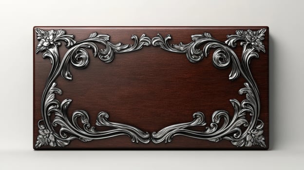 A wooden plaque with silver and gold designs photo