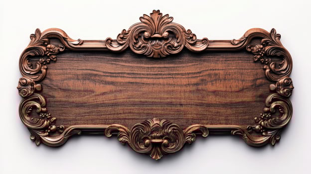 Wooden frame with ornate design on white background photo