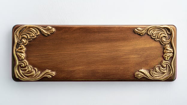 A wooden plaque with gold decorations on it photo