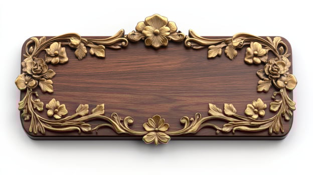 A wooden plaque with gold leaf and flowers photo