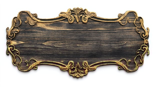An old wooden sign with gold trim on a white background photo