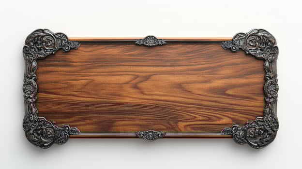 Wooden tray with ornate design on white background photo