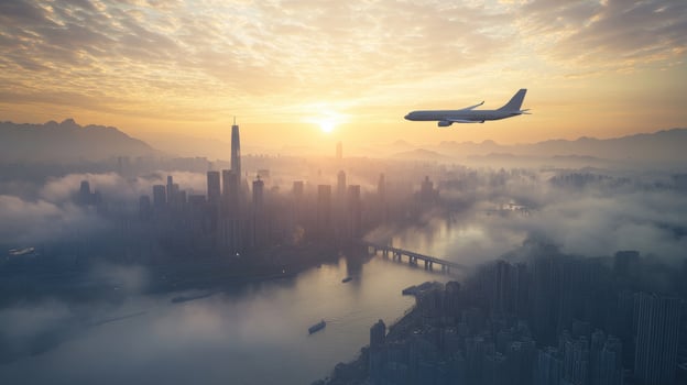 Aerial view of a city at sunrise with an airplane flying above a river and mountains. photo