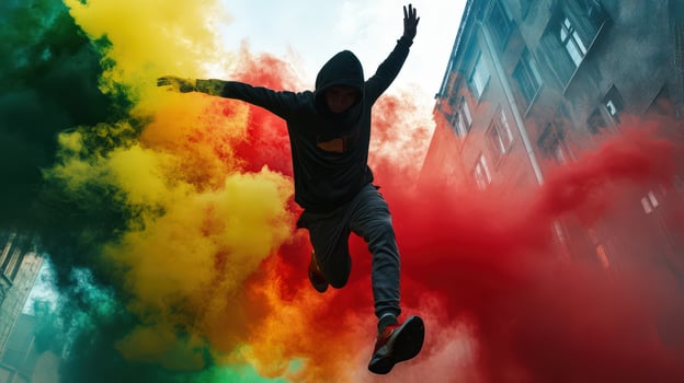 A man in a hoodie is jumping in the air with colorful smoke photo