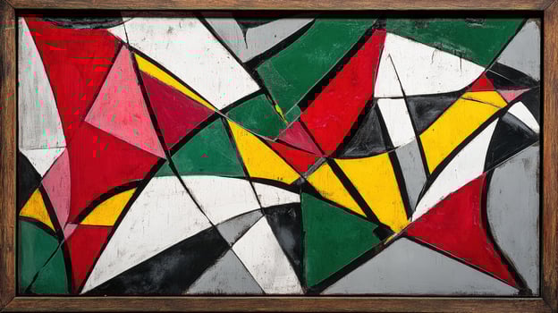A painting with red, yellow, green and black shapes photo