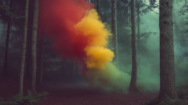 A colorful smoke cloud in the middle of a forest photo