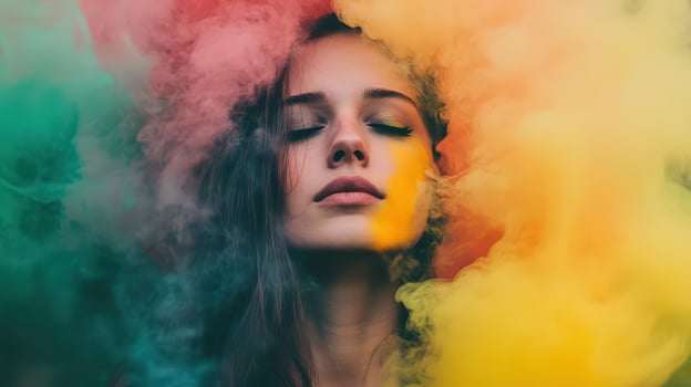 A woman with colorful smoke in her hair photo