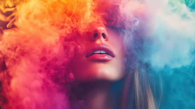 Beautiful woman with colorful smoke in her face photo