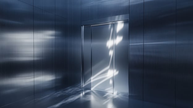 An elevator door is open in a dark room photo