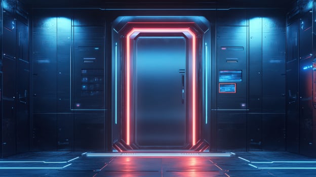 A futuristic room with a door and neon lights photo