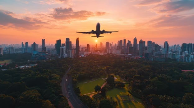 A plane flies over a city skyline at sunset, showcasing urban life and travel photo