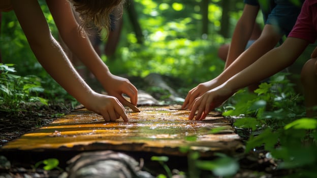Children playing with a wooden board in the woods photo