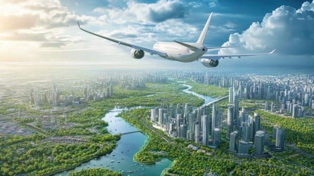 Aerial view of a city with a plane flying over green spaces and waterways photo