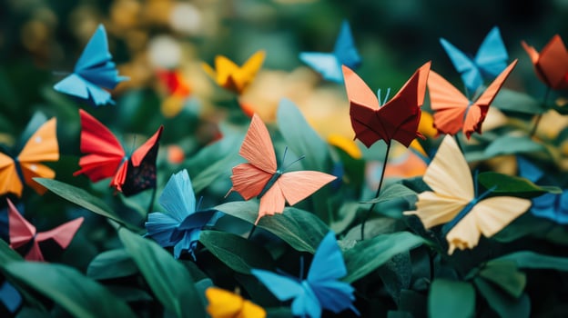 Many colorful origami butterflies are flying around photo