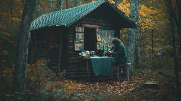 A woman is sitting at a table in front of a cabin in the woods photo