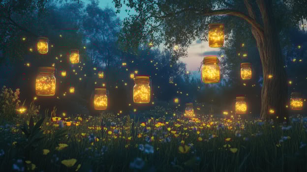 Fireflies in the night sky with mason jars photo