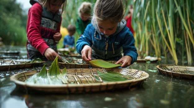 Children playing in the water with bamboo leaves photo