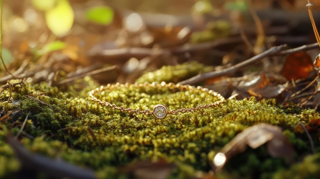 A gold ring sits on top of moss photo