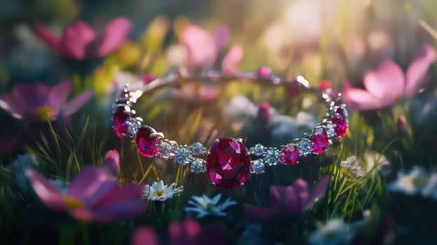 A ruby and diamond ring in a field of flowers photo