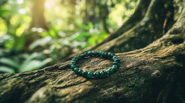 A bracelet is sitting on a tree trunk photo