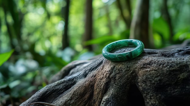 A green jade ring sitting on a tree stump photo