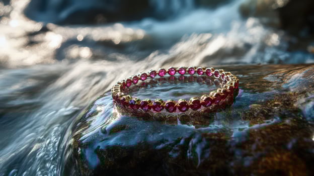 A ring sitting on a rock in front of a river photo