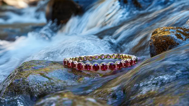 A red bracelet is sitting on a rock in a stream photo