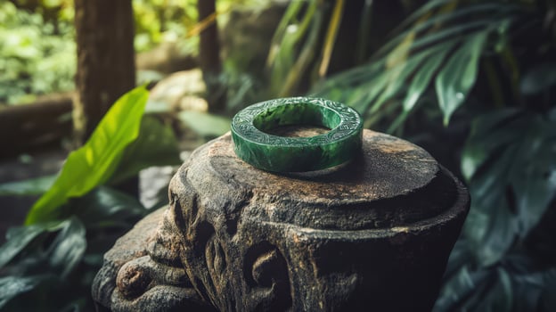 A green ring sitting on top of a wooden stump photo
