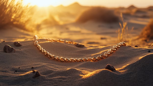 A gold chain is laying in the sand photo