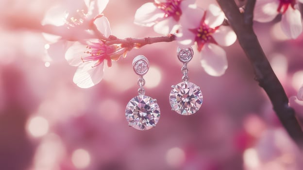 Diamond earrings on a cherry blossom branch photo