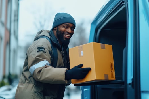 Happy Delivery Man Loading Package Into Van photo