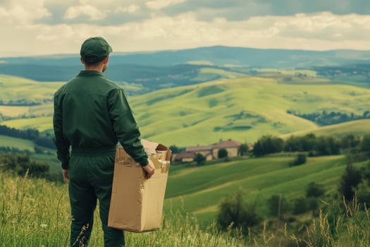 Delivery Man Carries Package Across Rolling Green Hills photo