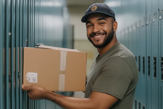 A smiling man holding a box in a locker photo