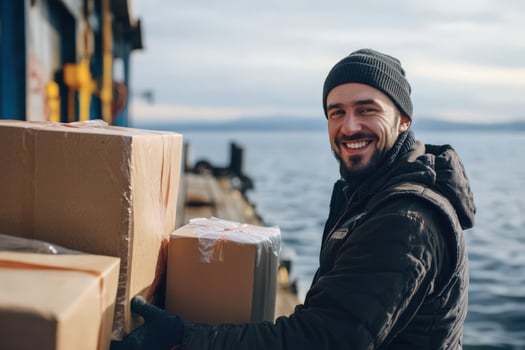 Happy Delivery Man Carries Cardboard Boxes Near Water photo