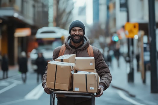 Smiling delivery man transports packages in city street photo