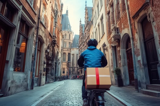 Delivery Person Cycling Through Historic City Street photo