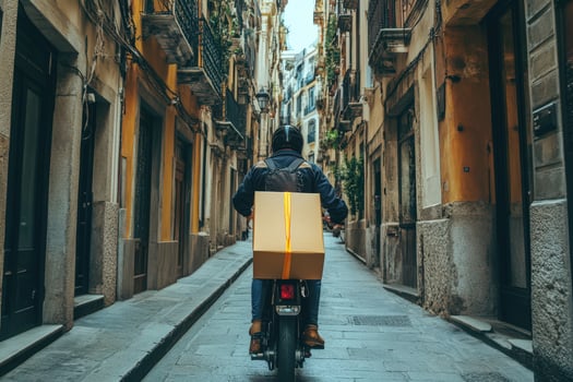 Delivery Rider Carrying Package Through Old City Street photo