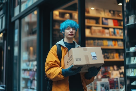 Young Person With Blue Hair Carries a Package photo