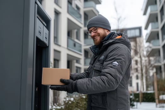 Man placing package into modern apartment package locker photo