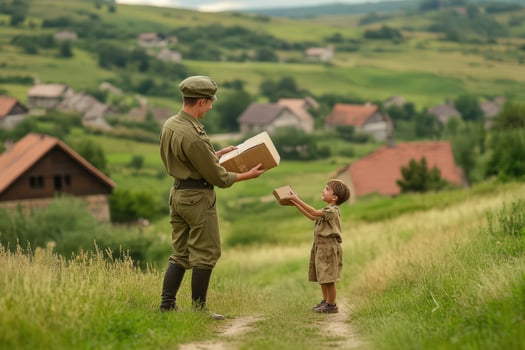 Soldier Delivers Package To Young Boy In Rural Setting photo