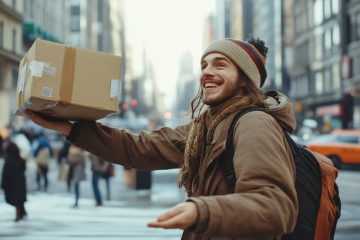 A man is holding a box in the middle of a city photo