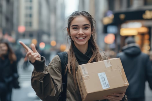 Happy Woman Holding Package Points Directions City Street photo